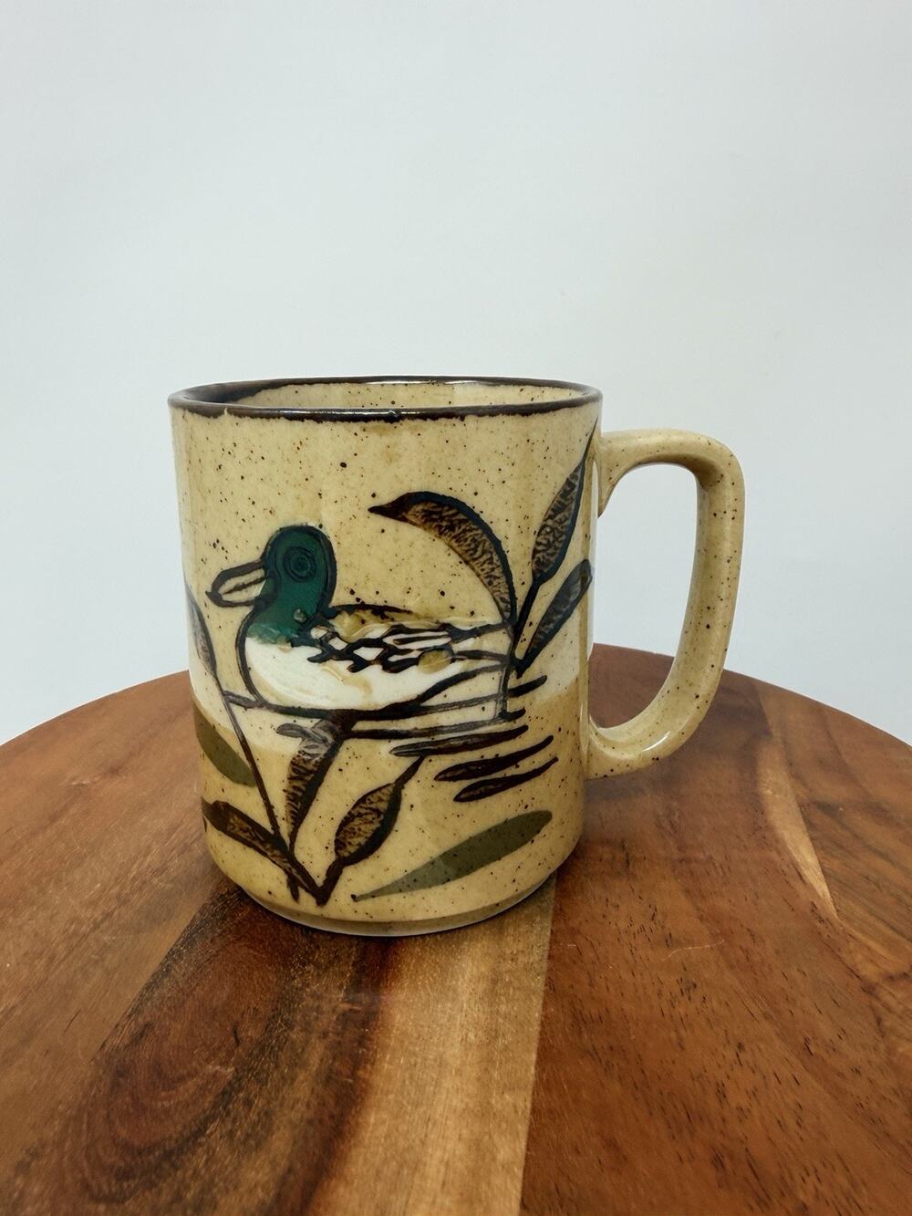 Otagiri Japan Stoneware Beige Speckled Tall Mug Mallard Ducks in Marsh Vtg